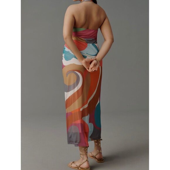 Anthropologie Square-Neck Halter Midi Dress Size M Petite Pink Pattern - Picture 7 of 9